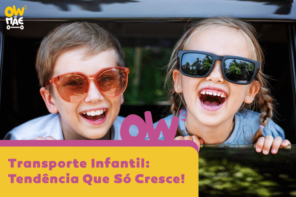 Duas crianças, um menino e uma menina, usando óculos de sol e sorrindo animadamente pela janela de um carro, simbolizando a alegria e segurança do transporte infantil por aplicativo.