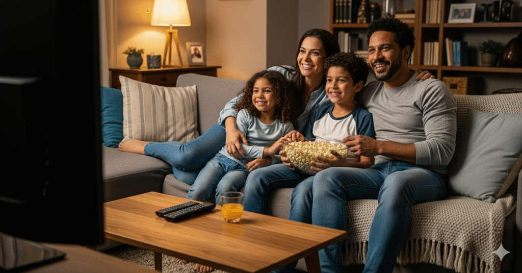 família assistindo um filme em casa