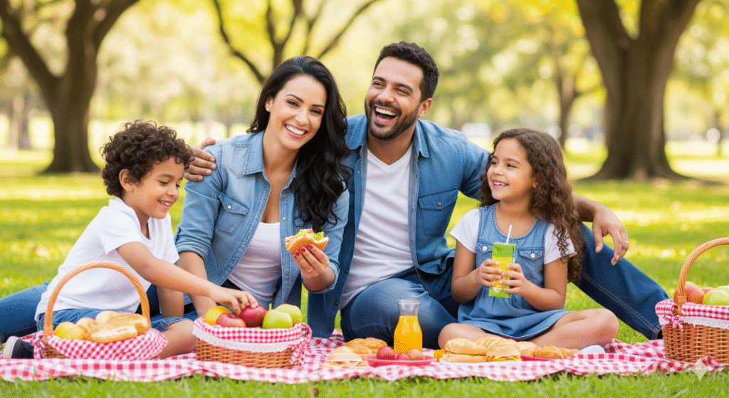 família fazendo um piquenique no parque